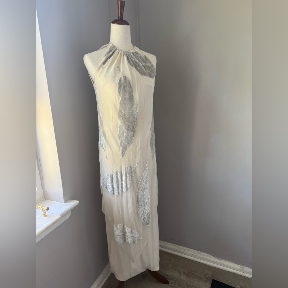 Soo Young Lee White Silver Halter Maxi Dress Leaf Vintage Prom Formal S VTG